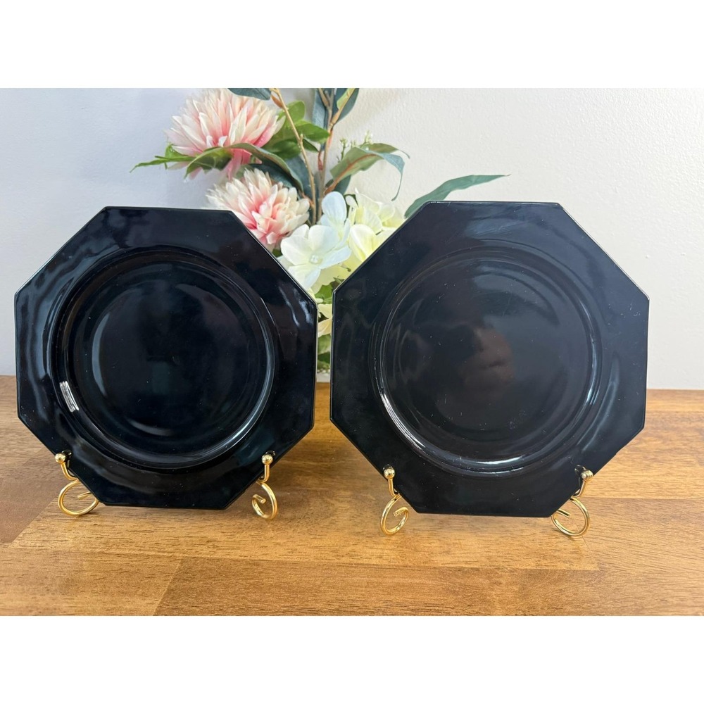 Vintage Black Amethyst Glass Octagonal Plates Pair Art Deco Depression